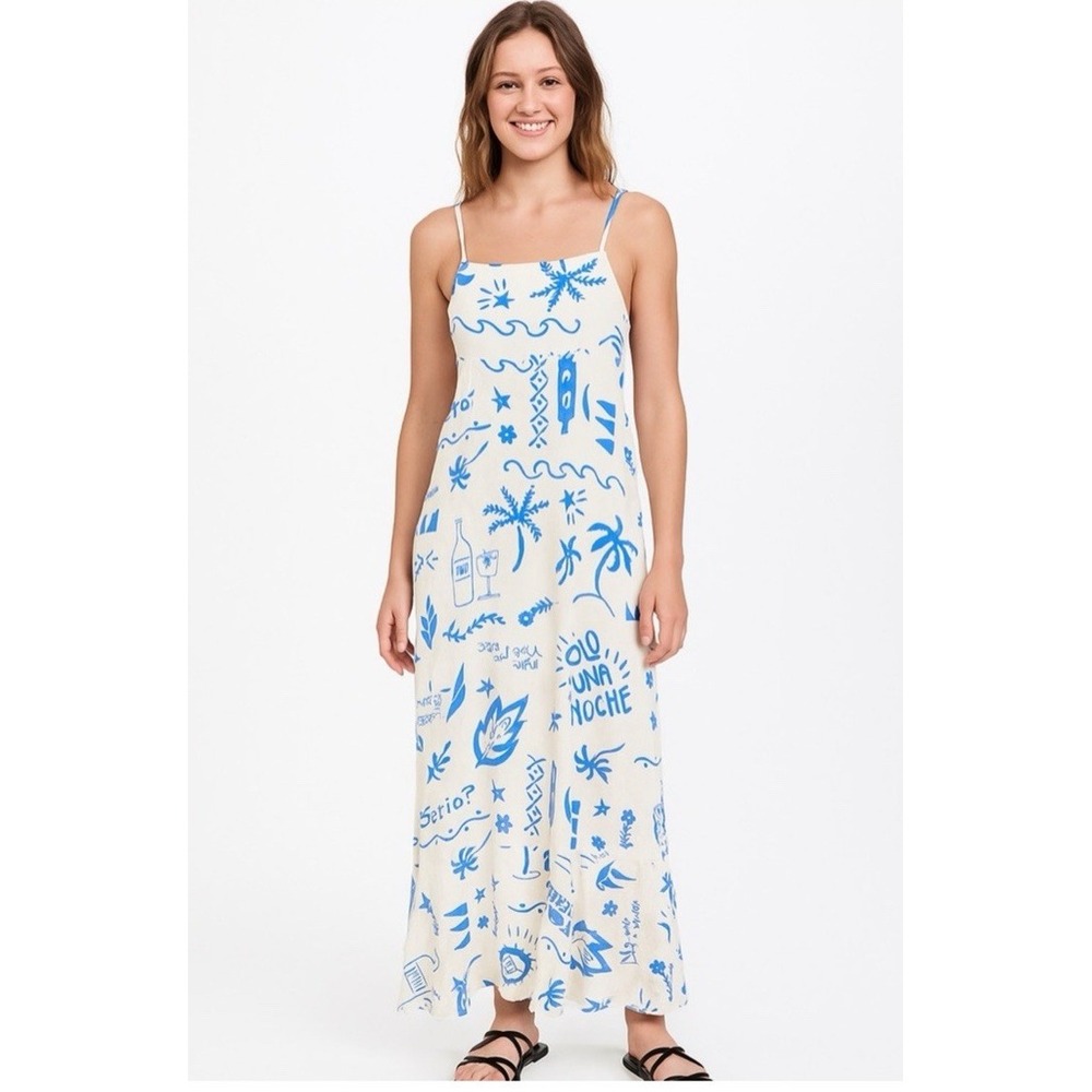 Paper Heart Women XL Blue White Graphic Print Tie Back Maxi Dress Solo Una Noche